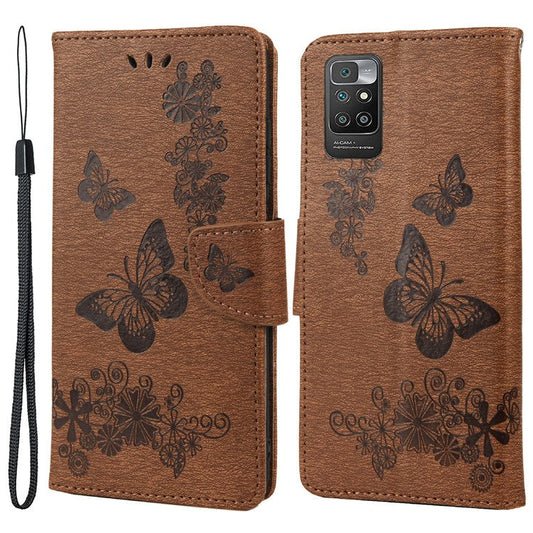 Leather Wallet Case Imprint Butterfly Flower Phone Case with Stand for Xiaomi Redmi 10 Prime / Redmi 10 - Brown