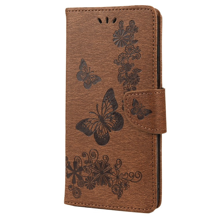 Leather Wallet Case Imprint Butterfly Flower Phone Case with Stand for Xiaomi Redmi 10 Prime / Redmi 10 - Brown