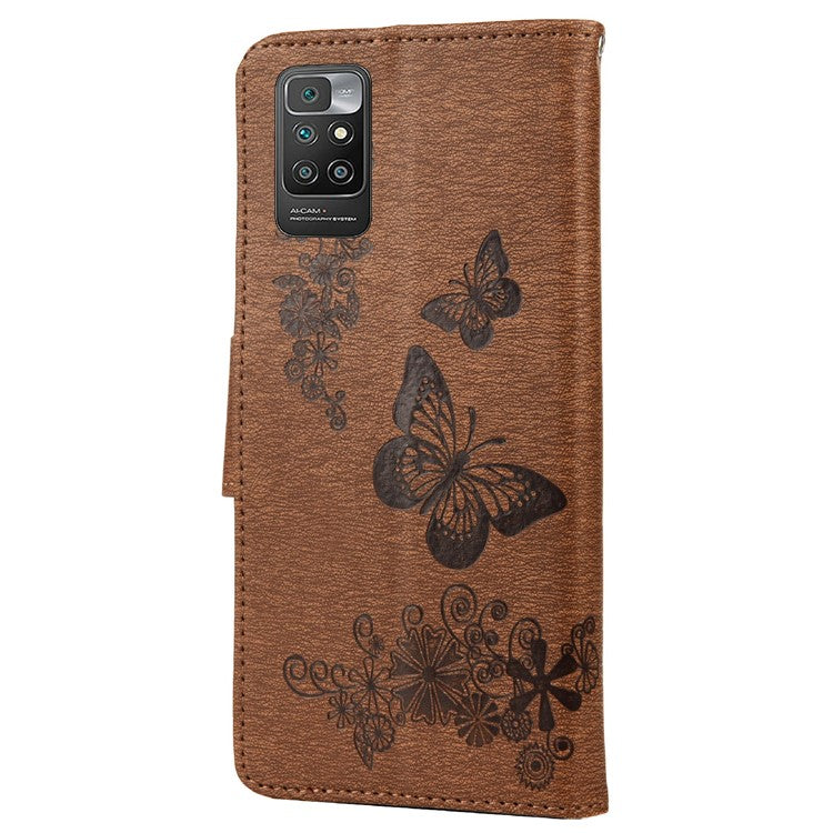 Leather Wallet Case Imprint Butterfly Flower Phone Case with Stand for Xiaomi Redmi 10 Prime / Redmi 10 - Brown