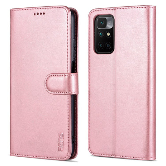 AZNS Leather Wallet Stand Phone Case Flip Card Slots Protected Fully Phone Shell for Xiaomi Redmi 10 4G (2021)/Redmi 10 2022 4G/Redmi Note 11 4G (MediaTek)/Redmi 10 Prime - Rose Gold
