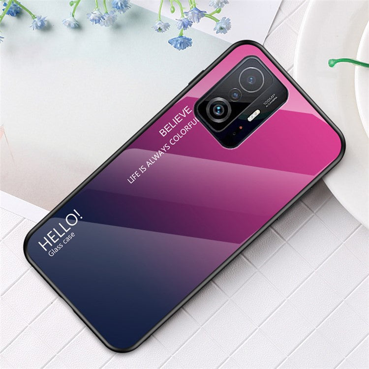 Gradient Color Anti-scratch Tempered Glass Hybrid Phone Case Cover for Xiaomi 11T/11T Pro - Gradient Rose