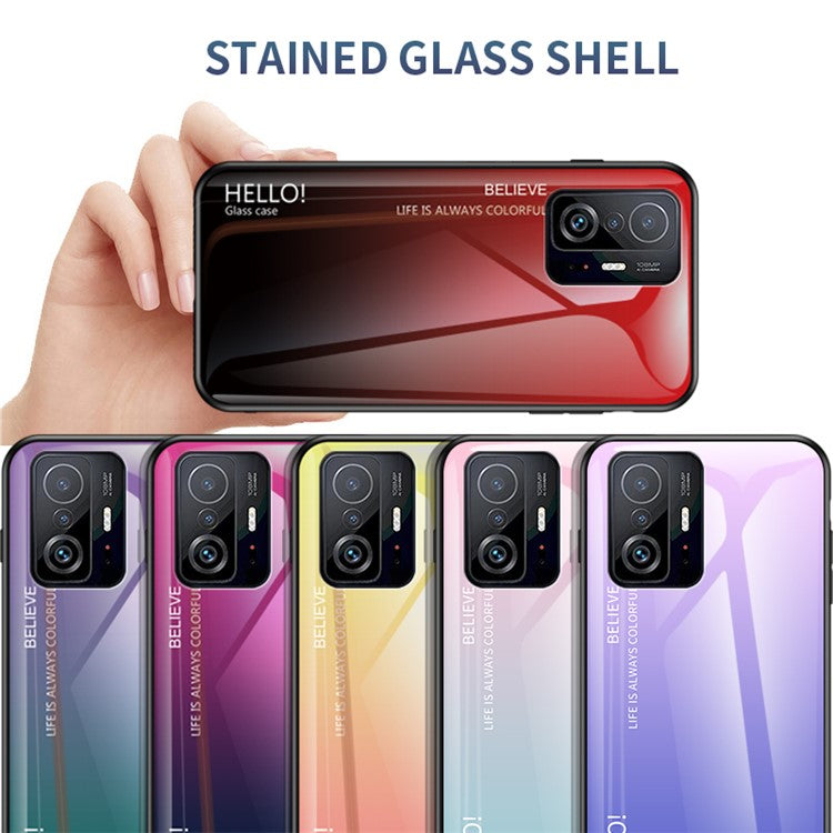 Gradient Color Anti-scratch Tempered Glass Hybrid Phone Case Cover for Xiaomi 11T/11T Pro - Gradient Rose