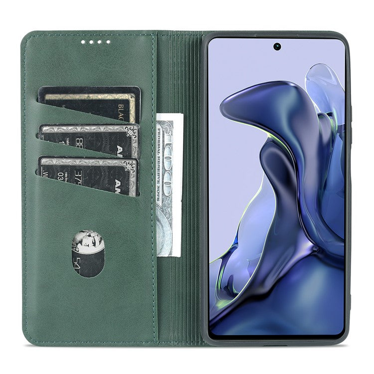 AZNS Wallet Design Durable PU Leather Shockproof Phone Cover Case for Xiaomi 11T / Xiaomi 11T Pro - Green