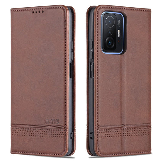 AZNS Wallet Design Durable PU Leather Shockproof Phone Cover Case for Xiaomi 11T / Xiaomi 11T Pro - Coffee