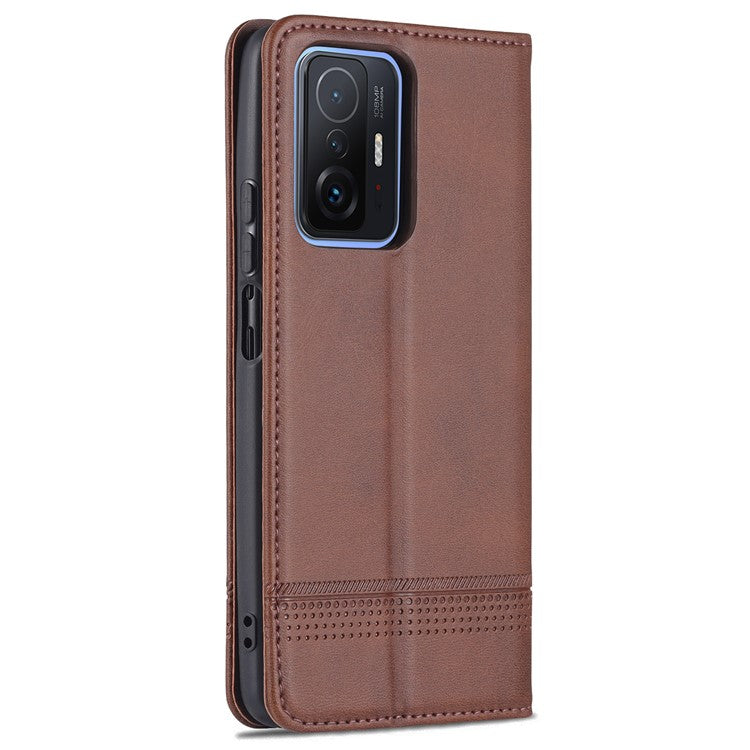 AZNS Wallet Design Durable PU Leather Shockproof Phone Cover Case for Xiaomi 11T / Xiaomi 11T Pro - Coffee