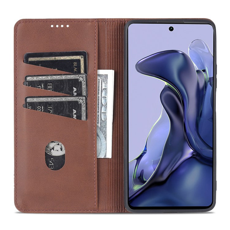 AZNS Wallet Design Durable PU Leather Shockproof Phone Cover Case for Xiaomi 11T / Xiaomi 11T Pro - Coffee