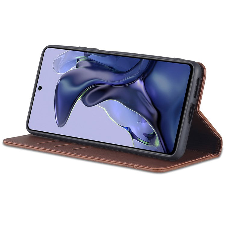 AZNS Wallet Design Durable PU Leather Shockproof Phone Cover Case for Xiaomi 11T / Xiaomi 11T Pro - Coffee