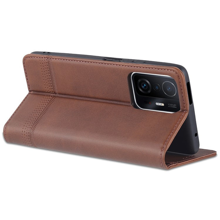 AZNS Wallet Design Durable PU Leather Shockproof Phone Cover Case for Xiaomi 11T / Xiaomi 11T Pro - Coffee