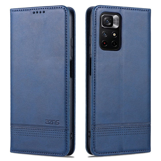 AZNS Auto-absorbed Wallet Design PU Leather Shockproof Phone Stand Cover Case for Xiaomi Redmi Note 11 5G (China) (MediaTek)/Poco M4 Pro 5G - Blue