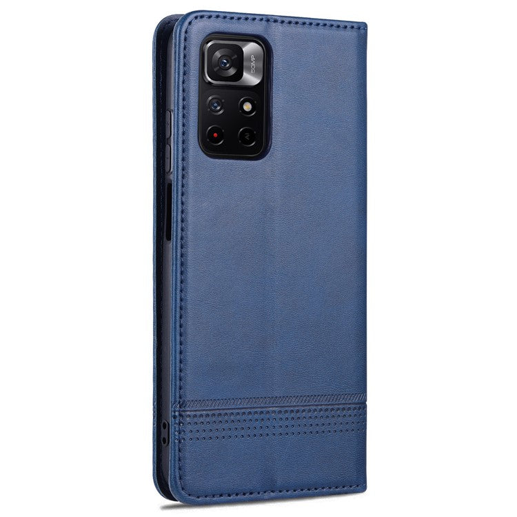 AZNS Auto-absorbed Wallet Design PU Leather Shockproof Phone Stand Cover Case for Xiaomi Redmi Note 11 5G (China) (MediaTek)/Poco M4 Pro 5G - Blue