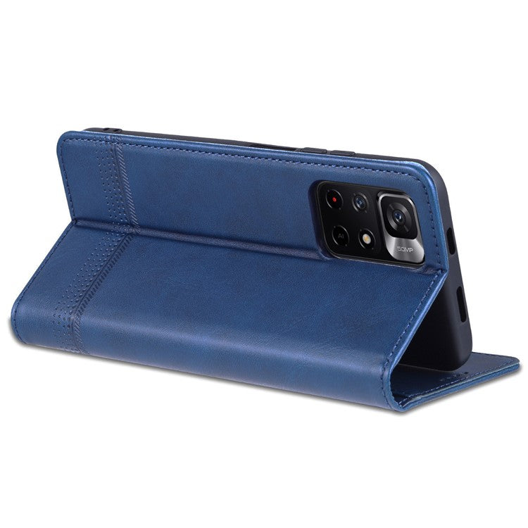 AZNS Auto-absorbed Wallet Design PU Leather Shockproof Phone Stand Cover Case for Xiaomi Redmi Note 11 5G (China) (MediaTek)/Poco M4 Pro 5G - Blue