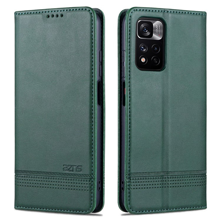 AZNS Anti-fall Well-protected Auto-absorbed Wallet Design PU Leather Phone Stand Cover Case for Xiaomi Redmi Note 11 Pro 5G (China) (MediaTek)/11 Pro+ 5G - Green