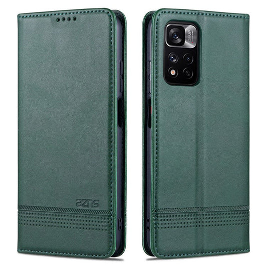 AZNS Anti-fall Well-protected Auto-absorbed Wallet Design PU Leather Phone Stand Cover Case for Xiaomi Redmi Note 11 Pro 5G (China) (MediaTek)/11 Pro+ 5G - Green
