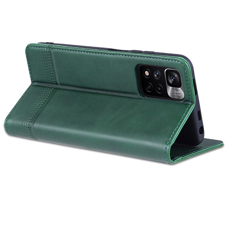 AZNS Anti-fall Well-protected Auto-absorbed Wallet Design PU Leather Phone Stand Cover Case for Xiaomi Redmi Note 11 Pro 5G (China) (MediaTek)/11 Pro+ 5G - Green