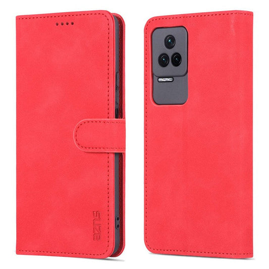 AZNS for Xiaomi Redmi K50/K50 Pro PU Leather Wallet Case Foldable Stand Phone Full-protection Cover - Red