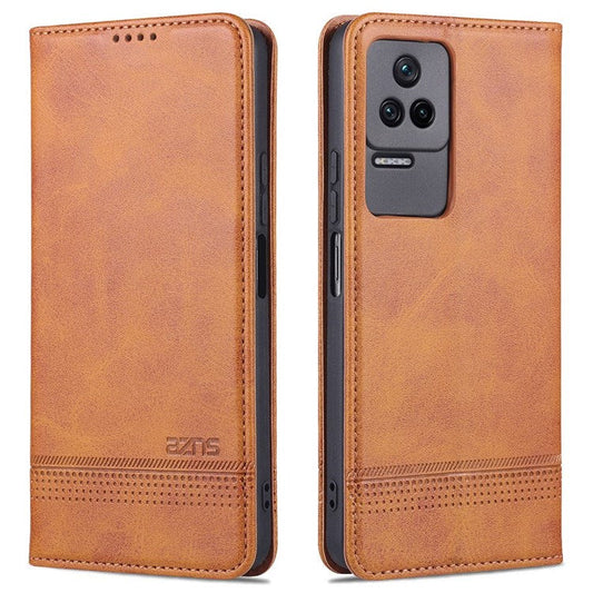 AZNS For Xiaomi Redmi K50 Pro/K50 Protective Phone Case Magnetic Closure Textured PU Leather Stand Phone Cover with Wallet - Brown