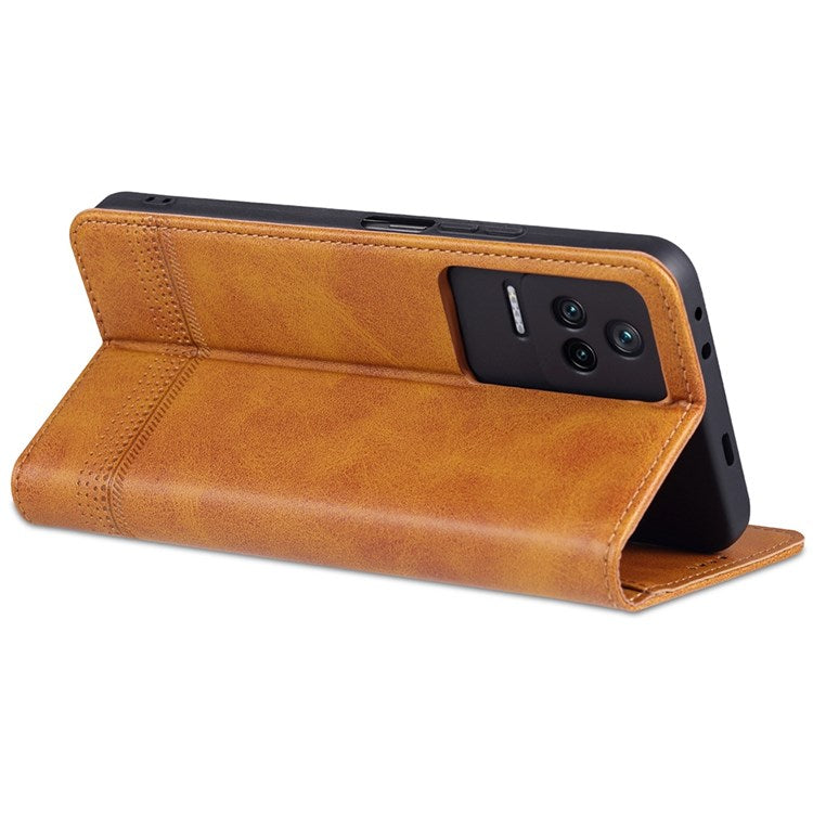 AZNS For Xiaomi Redmi K50 Pro/K50 Protective Phone Case Magnetic Closure Textured PU Leather Stand Phone Cover with Wallet - Brown