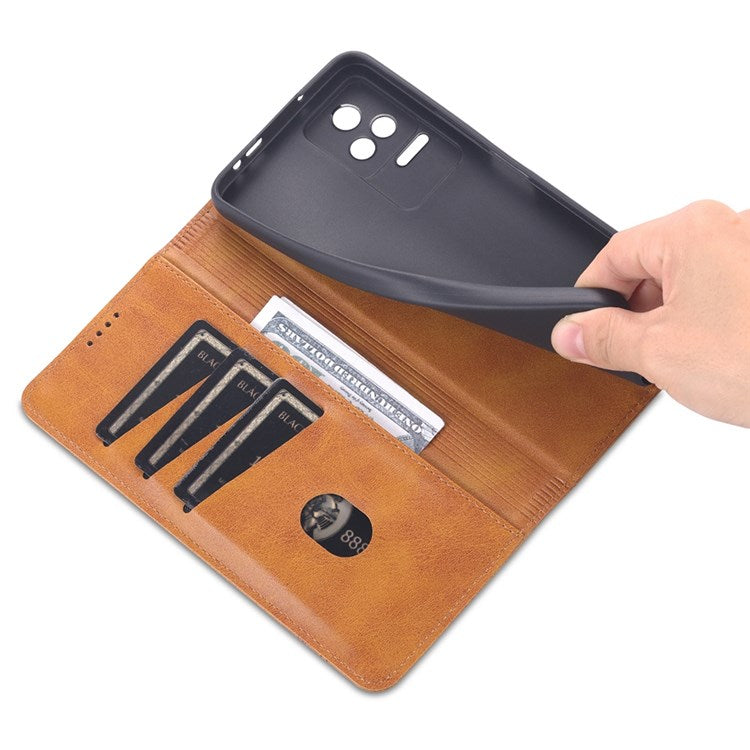 AZNS For Xiaomi Redmi K50 Pro/K50 Protective Phone Case Magnetic Closure Textured PU Leather Stand Phone Cover with Wallet - Brown
