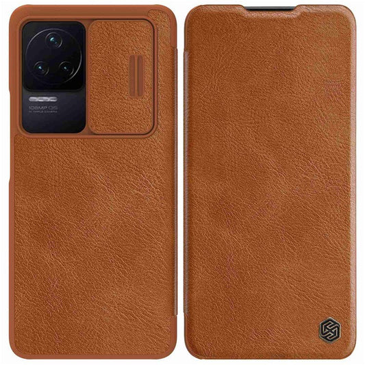 NILLKIN Qin Pro Series for Xiaomi Redmi K50/K50 Pro PU Leather Card Slot Case Creative Slide Lens Protector Scratch-Resistant Cover - Brown