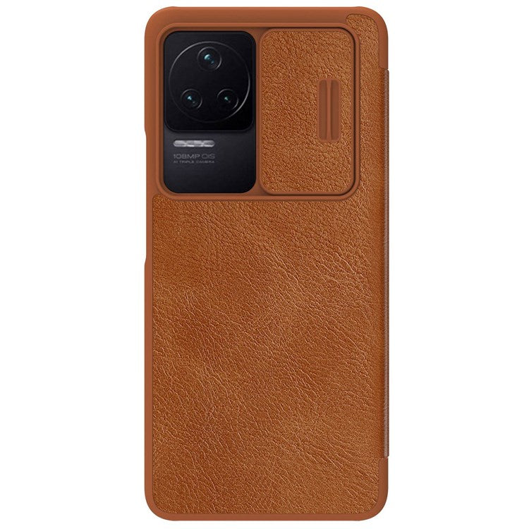 NILLKIN Qin Pro Series for Xiaomi Redmi K50/K50 Pro PU Leather Card Slot Case Creative Slide Lens Protector Scratch-Resistant Cover - Brown