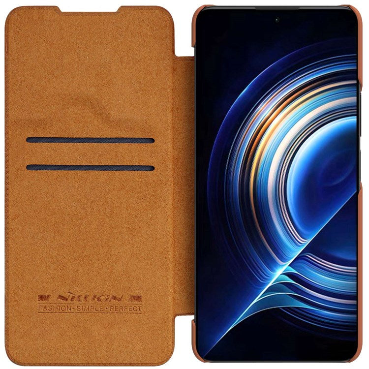NILLKIN Qin Pro Series for Xiaomi Redmi K50/K50 Pro PU Leather Card Slot Case Creative Slide Lens Protector Scratch-Resistant Cover - Brown