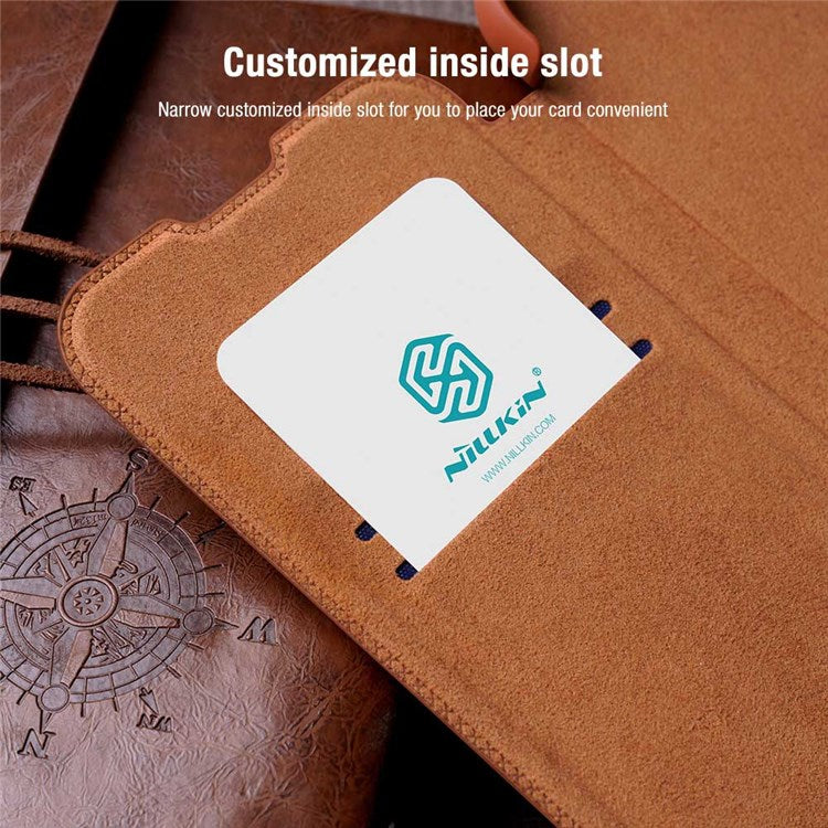 NILLKIN Qin Pro Series for Xiaomi Redmi K50/K50 Pro PU Leather Card Slot Case Creative Slide Lens Protector Scratch-Resistant Cover - Brown
