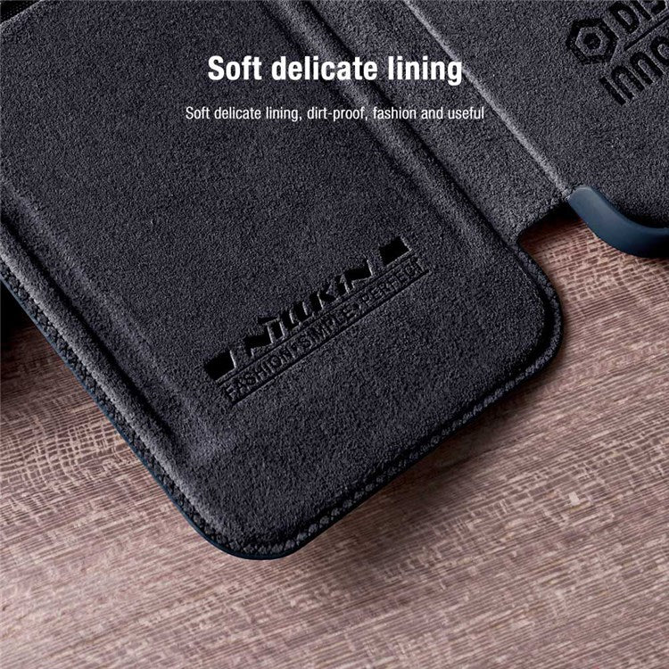 NILLKIN Qin Pro Series for Xiaomi Redmi K50/K50 Pro PU Leather Card Slot Case Creative Slide Lens Protector Scratch-Resistant Cover - Brown