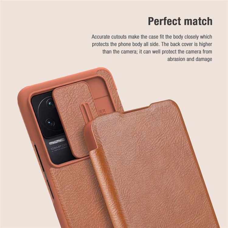 NILLKIN Qin Pro Series for Xiaomi Redmi K50/K50 Pro PU Leather Card Slot Case Creative Slide Lens Protector Scratch-Resistant Cover - Brown