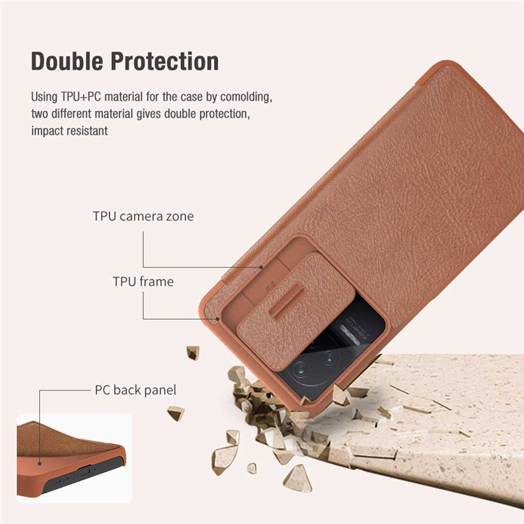 NILLKIN Qin Pro Series for Xiaomi Redmi K50/K50 Pro PU Leather Card Slot Case Creative Slide Lens Protector Scratch-Resistant Cover - Brown