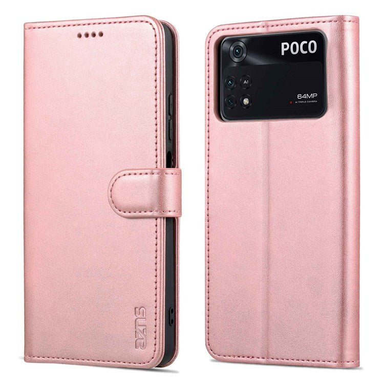 AZNS For Xiaomi Poco M4 Pro 4G PU Leather Wallet Case Adjustable Stand Magnetic Clasp Phone Cover - Rose Gold