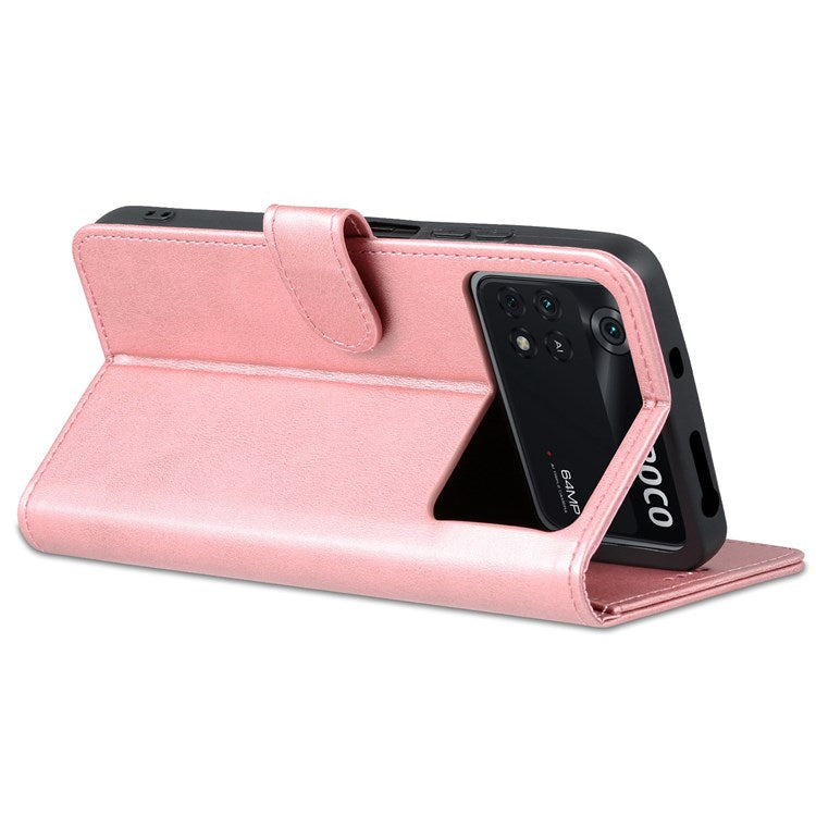 AZNS For Xiaomi Poco M4 Pro 4G PU Leather Wallet Case Adjustable Stand Magnetic Clasp Phone Cover - Rose Gold