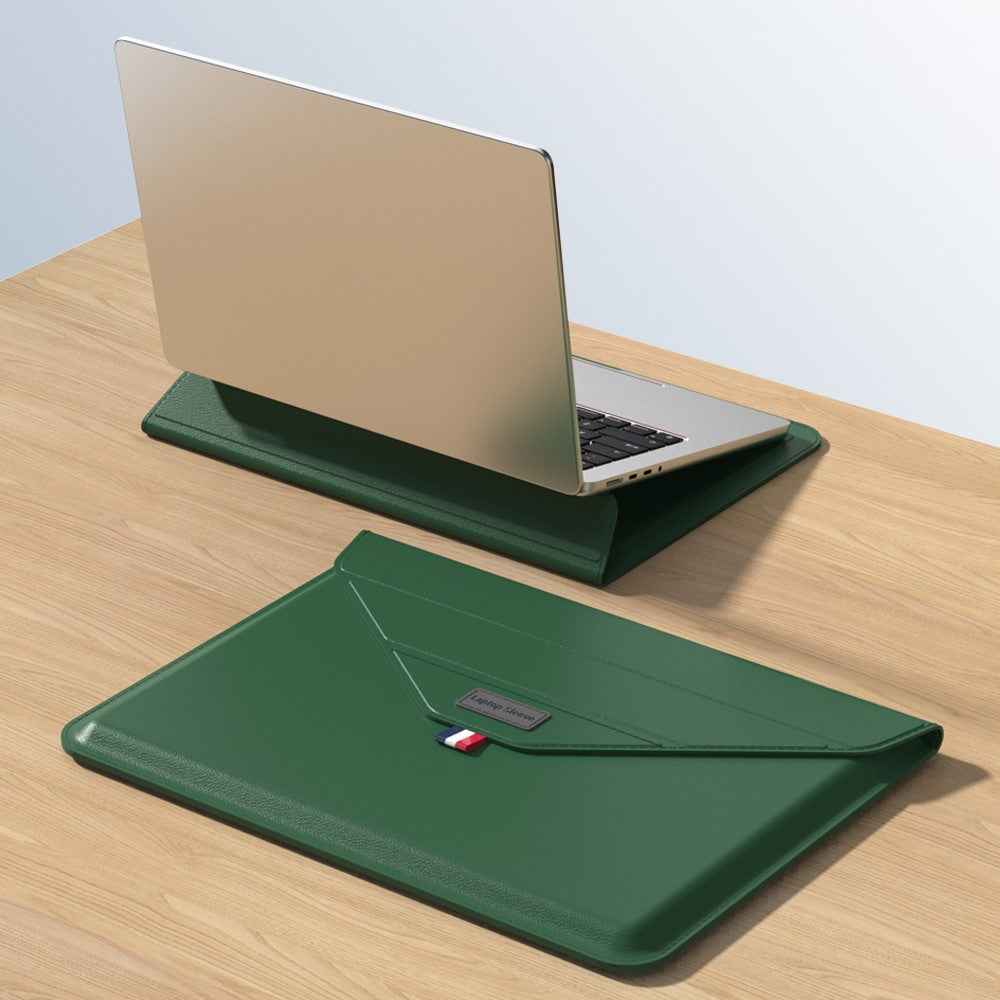 15 Inch Laptop Sleeve Case with Stand Feature PU Leather Storage Bag Slim Envelope - Blackish Green