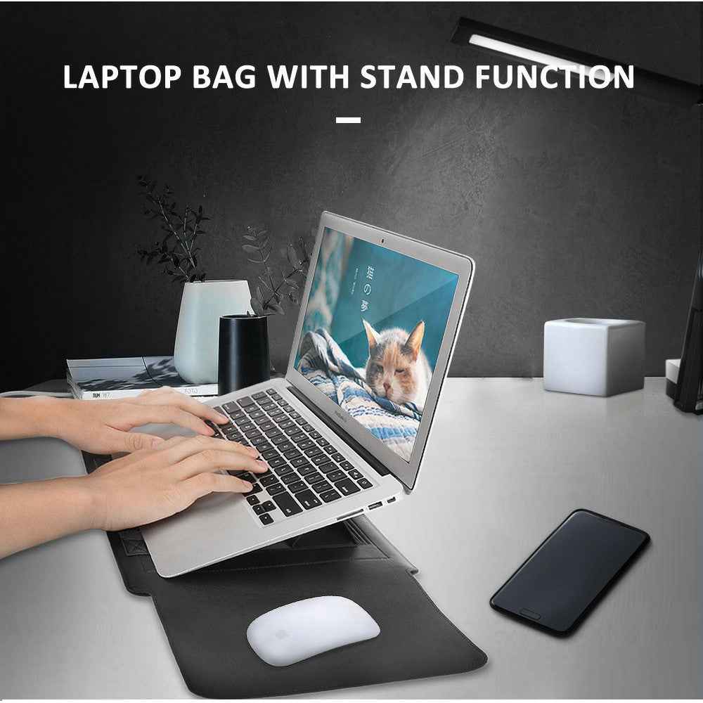 16-17 inch Laptop Sleeve Bag PU Leather Notebook Carrying Pouch with Mouse Bag and Cable Bundle Straps - Red