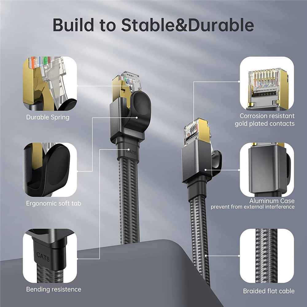 3m 26AWG Cat8 Flat Ethernet Cable Cat8 LAN Network Cable with Gold Plated RJ45 Connector 40Gbps 2000Mhz SFTP Patch Cord