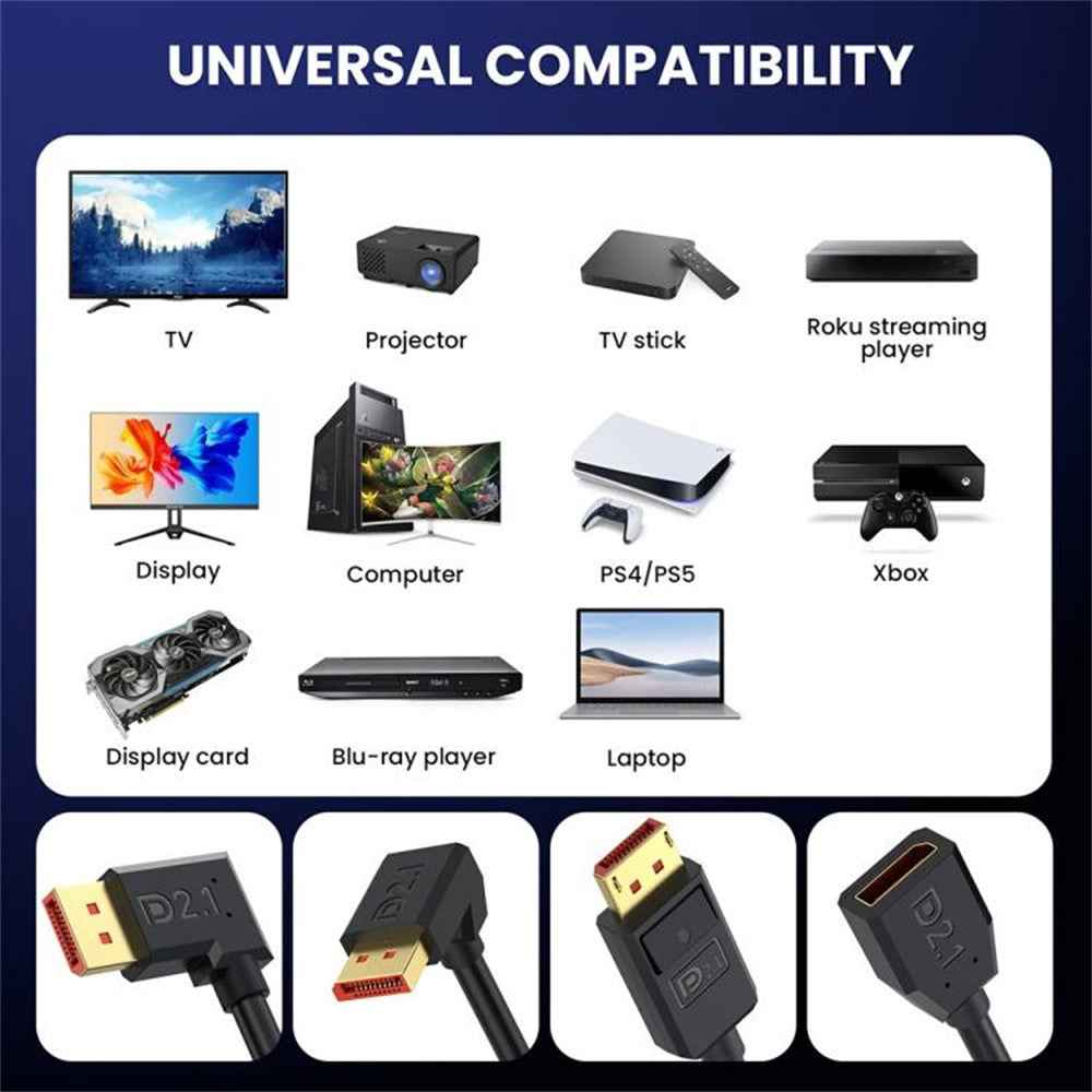 50cm DisplayPort 2.1 to Right Angled DP2.1 Extension Cable 54Gbps 16K 30Hz Video Cord - Black