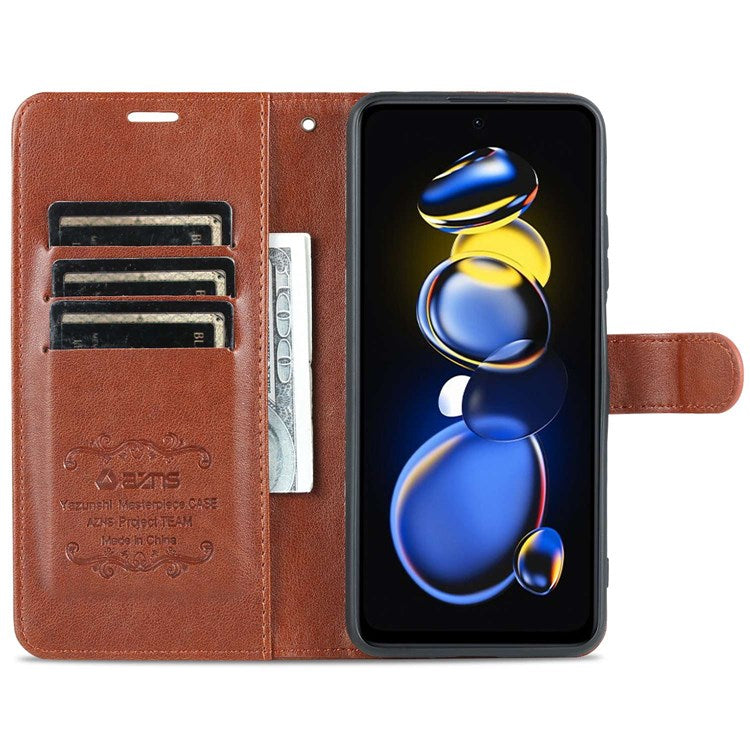 AZNS Flip Wallet Case for Xiaomi Redmi Note 11T Pro 5G / Note 11T Pro+ 5G / Note 12T Pro 5G / Poco X4 GT 5G / Redmi K50i 5G Shockproof PU Leather Magnetic Closure Anti-scratch Phone Cover with Viewing Stand - Brown