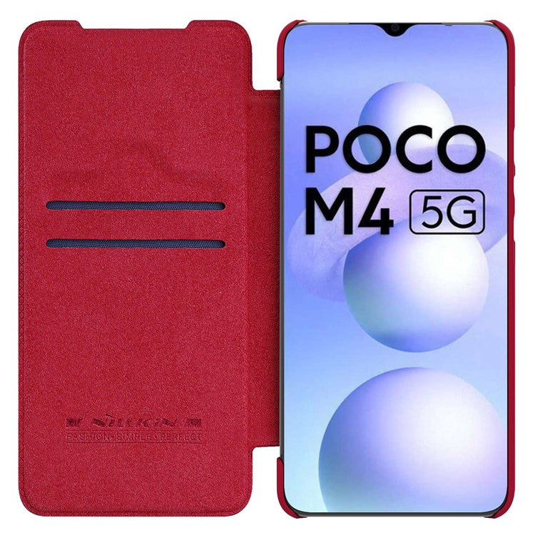 NILLKIN Qin Series for Xiaomi Poco M4 5G Anti-scratch Phone Case Shockproof PU Leather Folio Flip Phone Cover Card Holder - Red
