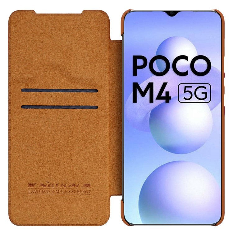 NILLKIN Qin Series for Xiaomi Poco M4 5G Anti-scratch Phone Case Shockproof PU Leather Folio Flip Phone Cover Card Holder - Brown