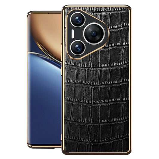 For Huawei Pura 70 Pro / Pura 70 Pro+ Case Crocodile Texture Genuine Cow Leather+TPU Phone Cover - Black