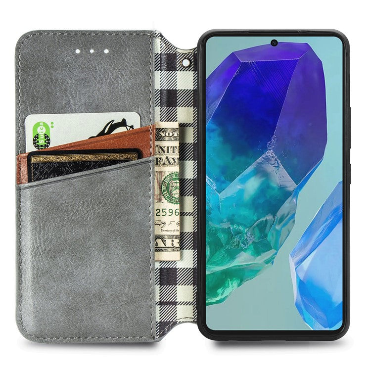 For Samsung Galaxy M55 5G / C55 5G / F55 5G Case Leather Rhombus Folio Flip Phone Cover - Grey