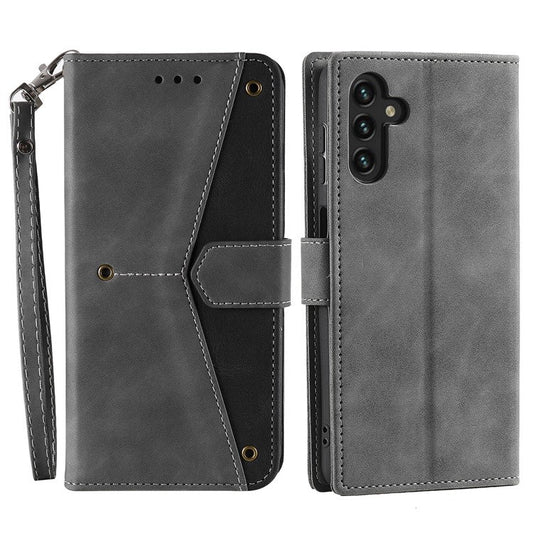 For Samsung Galaxy A16 5G Leather Case Splicing Stitching Wallet Stand Phone Cover with Strap - Grey