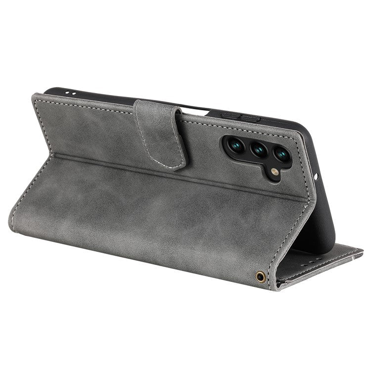 For Samsung Galaxy A16 5G Leather Case Splicing Stitching Wallet Stand Phone Cover with Strap - Grey