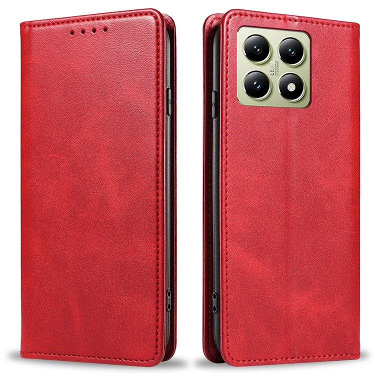 For Xiaomi 14T Pro Case Strong Magnetic PU Leather Phone Cover Calf Texture - Red