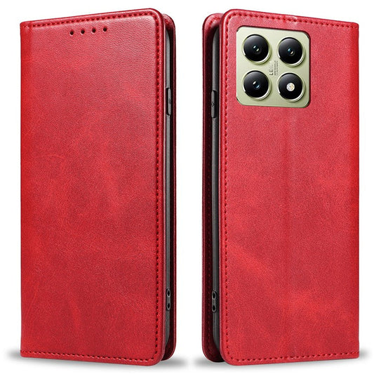 For Xiaomi 14T Pro Case Strong Magnetic PU Leather Phone Cover Calf Texture - Red