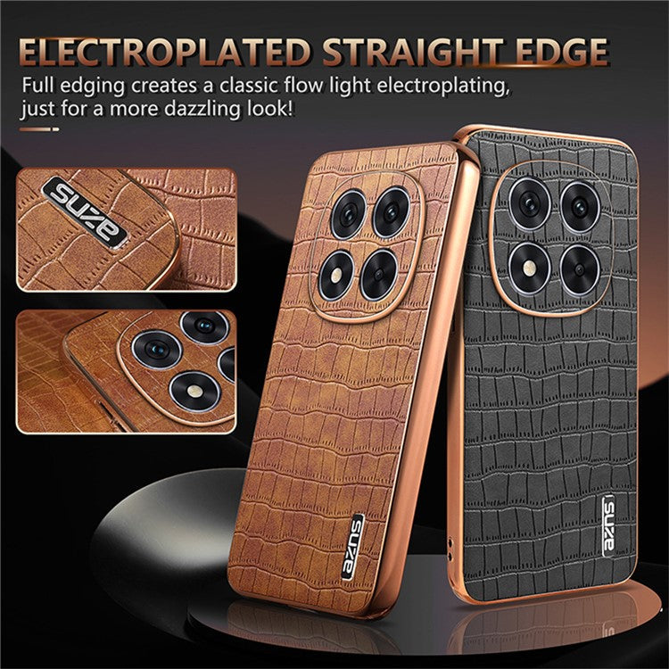 AZNS For Xiaomi Redmi Note 14 Pro+ 5G Case Electroplating Crocodile Texture PU+TPU Phone Cover - Brown