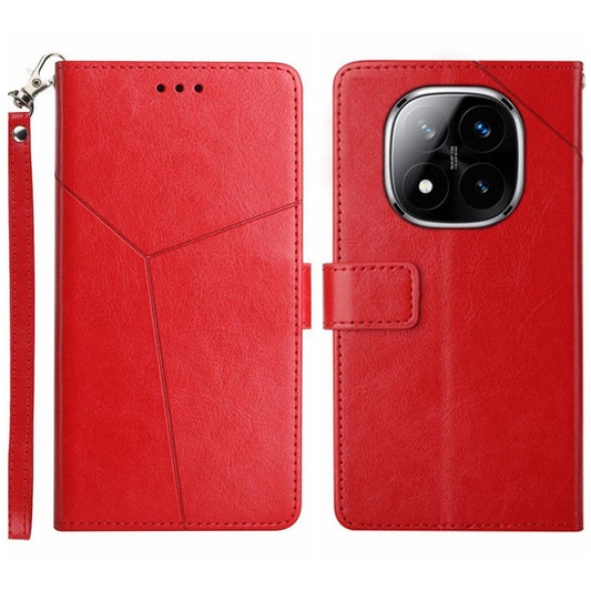 HT01 For Xiaomi Redmi Note 14 Pro+ 5G / Note 14 Pro 5G / Poco X7 5G Case Y-Shaped Lines Imprint Leather Phone Cover - Red
