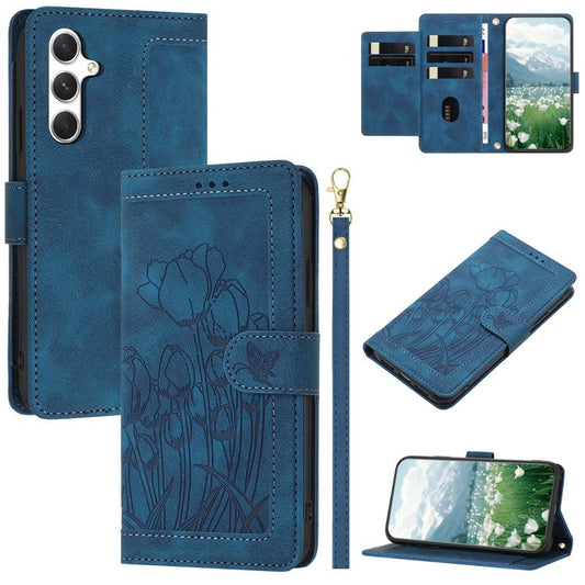 For Samsung Galaxy A55 5G Case Tulip Leather Phone Cover with 5 Card Slots Wallet - Blue