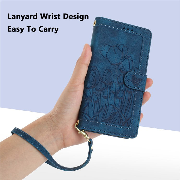 For Samsung Galaxy A55 5G Case Tulip Leather Phone Cover with 5 Card Slots Wallet - Blue
