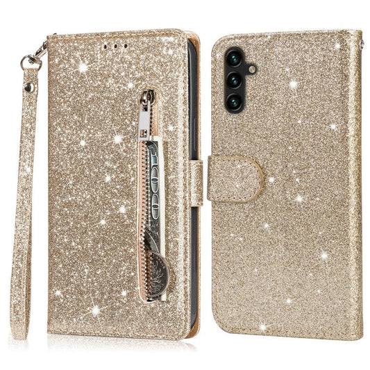 For Samsung Galaxy A56 5G Stand Case Glitter Phone Leather Cover Zipper Pocket - Gold