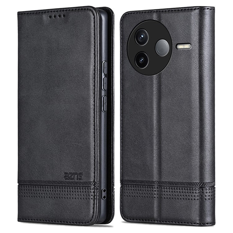 AZNS For Xiaomi Poco F7 Pro 5G / Redmi K80 5G Case Cowhide Texture PU Leather Wallet Phone Cover - Black